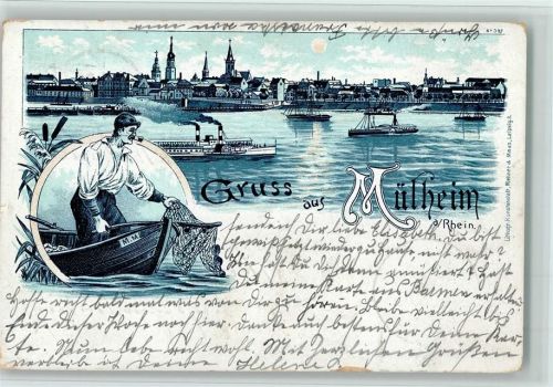 Köln Mülheim 901 1899 Gesamtansicht Fischer mit Boot Dampfschiffe
