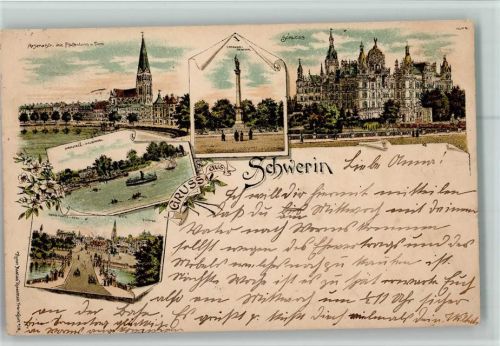 Schwerin 1898 Arsenalstr. mit Pfaffenteich und Dom Krieger-Denkmal Schloss Marstall-Halbinsel Ortsansicht