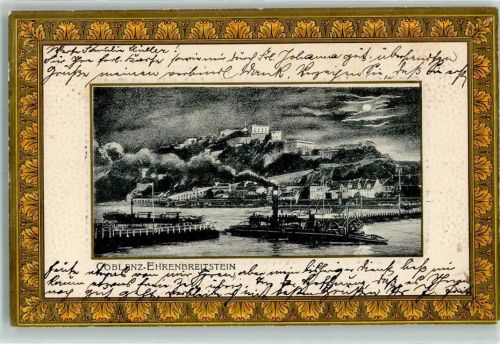 Koblenz 1905 Ehrenbreitstein Dampfer Mondschein