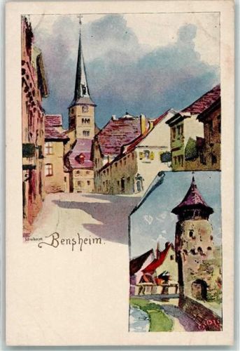 Bensheim sign. Biese Kirche Turm Tor