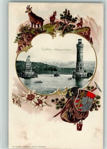 Lindau Lithographie Prägedruck Passepartout Hafeneinfahrt Leuchtturm Bayer. Löwe Gämsen Jagd Edelweiss