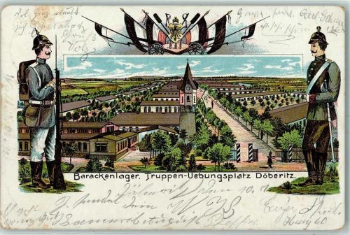 Döberitz 1903 Barackenlager Truppen-Übungsplatz Soldaten Bickelhaube Uniform Lithographie