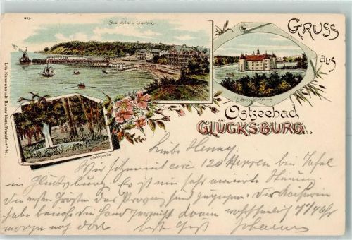 24960 W2392 Glücksburg (Ostsee) 1897 Lithographie Strandhotel Logirhaus Schloss Glücksburg Stahlquelle