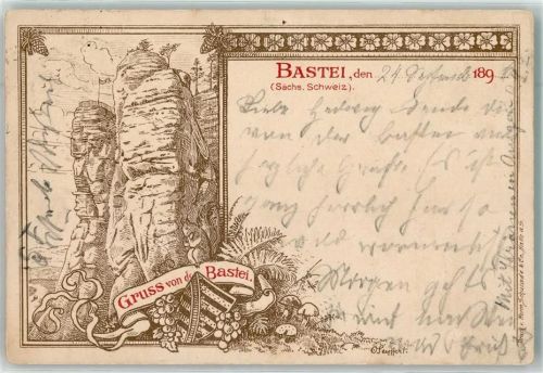 Bastei 1896 Gruss Felsen Wappen Eichhörnchen sign. O. Seuffert