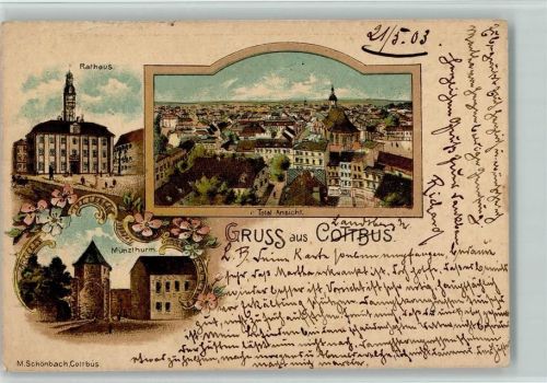 Cottbus 1903 Rathaus Gesamtansicht Münzturm Lithographie