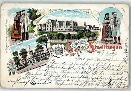 Stadthagen 1900 Bahnhof Fürstliches Schloß Trachtenpaar Tabakspfeife Wappen Bahnpoststempel Lithographie