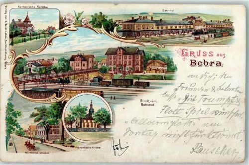 Bebra Lithographie Vorläufer Druck 1890-1895 Kath. Kirche Bahnhof Ev. Kirche Nürnbererstraße