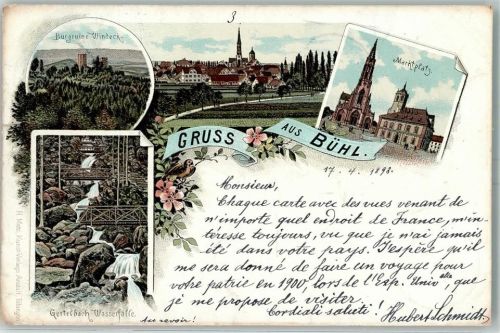 Bühl 1898 Burgruine Windeck Marktplatz Gertelbach Wasserfälle Lithographie