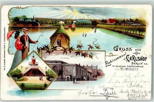 Spandau 1903 Etablisement Carlshof Sonnenschirm Gehstock Aussichtsturm Lithographie