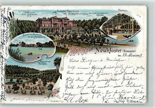 Neukloster 1899 Kurhotel Paterborn Ansicht von Neukloster mit dem Mühlenteich Aussicht vom Balkon Terrasse 4-Bildaufnahme
