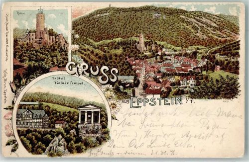 Eppstein 1903 Hotel Kaiser Keller Ruine Eppstein Lithographie