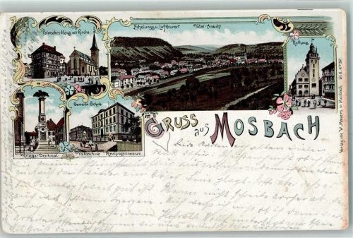 Mosbach 1898 Palmsches Haus Kirche Rathaus Kriegerdenkmal Gewerbe-Schule Volksschule Realprogymnasium Lithographie