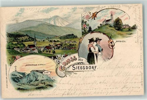 Siegsdorf 1900 Hochfellnhaus m.Kreuz Tracht Kloster Maria Eck Lithographie