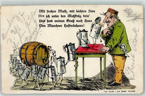 München 1897 Humor Bierkrug vermenschlicht Lithographie