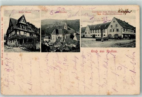Andlau 1914 Altes Haus Kirche Gasthaus zum Ochsen mit Richardis-Brunnen