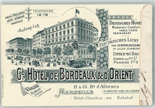 Marseille Grand Hotel de Bordeaux u. d`Orient Lithographie