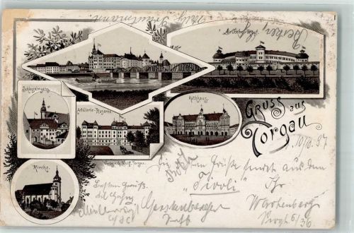 Torgau 1897 Brücken-Köpf Artillerie-Kaserne Rathaus Kirche