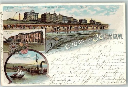 Borkum 1898 Leuchtturm Victoria Hotel Gebr. Köhler`s Strandhotel Kaiserhof Bahnhof`s Hotel Landungsbrücke