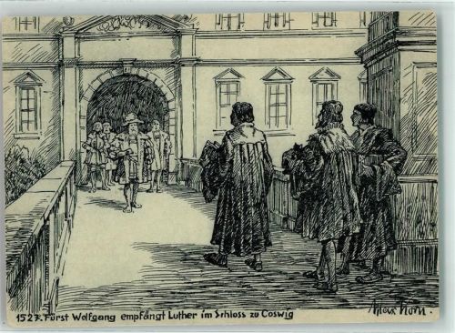 Coswig Histtorischer Festzug zum 225 jähr. bestehen der Schützengesellschaft Fürst Wolfgang empfängt Luther im Schloss sign. Max Korn