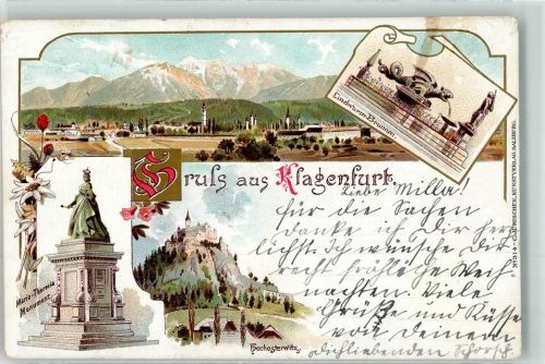 Klagenfurt 1900 Lindwurm Brunnen Maria Theresia Monument Hochosterwitz Lithographie