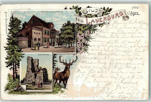 Stecklenberg 1898 Lauenburg Gasthaus Lauenburg Ruine Lauenburg Hirsch Reh Lithographie Abrieb Vorderseite