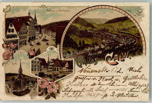 Calw 1901 Lithographie Rathaus Kirche Nicolauskapelle