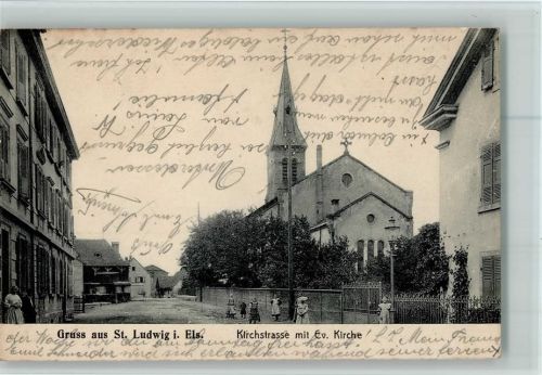 Saint-Louis 1909 St. Ludwig - Kirchstrasse mit Kirche AK
