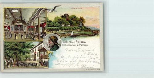 22880 W2000 Schulau 1902 Lithographie Gruss aus - Etablissement mit Innenansicht, Strandpartie, gute Erhaltung AK