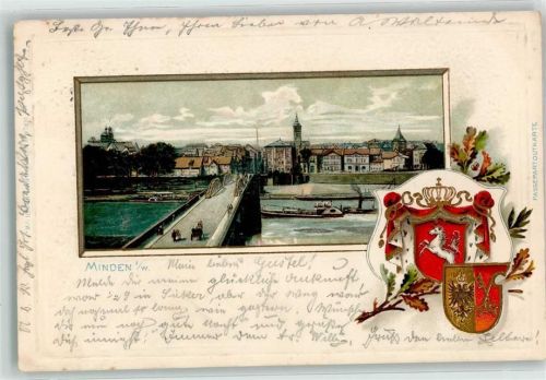 Minden 1903 Brücke Wesertor Schiff Wappen Lithographie