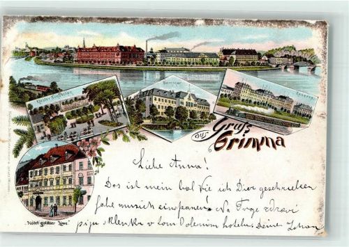 Grimma 1898 Seminar Hotel goldener Löwe Kaserne Kloster Nimbschen Lithographie