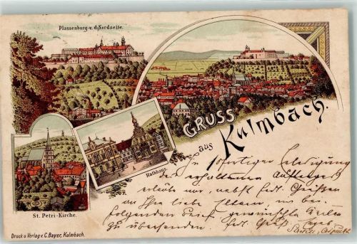 Kulmbach 1895 Vorläufer Plassenburg St. Petri-Kirche Rathaus Lithographie