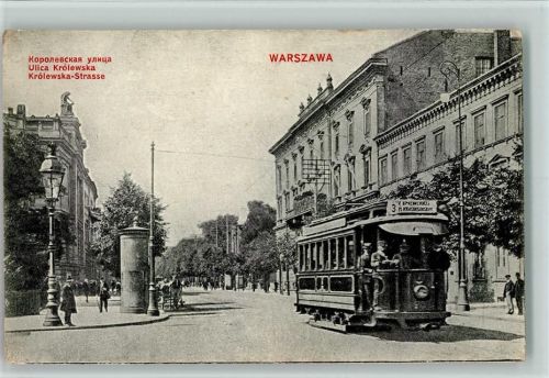 Warschau 1915 Ulica Krolewska , Straßenbahn, Litfaßsäule AK