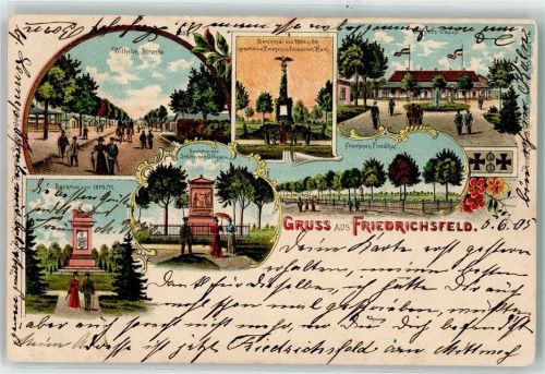 Friedrichsfeld 1905 Franzosen-Friedhof Denkmal d. Schillischen Offiziere Wilhelmstraße Bahnpoststempel