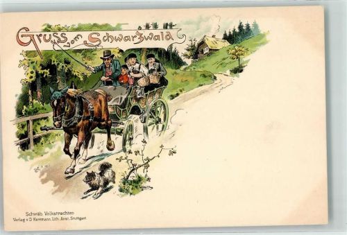1899 Gruss aus dem Schwarzwald , Schwäbische Volkstrachten sign. Gubitz - Kutsche
