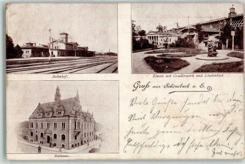 Schönebeck 1898 Bahnhof Gradirwerk Lindenbad Rathaus