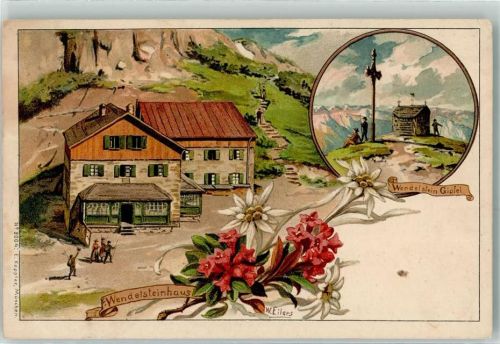 Wendelstein Gipfel Wendelsteinhaus Blumen Kreut Wanderer Bergsteiger sign. W. Eilers Künstlerkarte