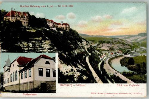 Dornburg 1907 Blick vom Vogelstein Schießhaus Goethes Wohnung