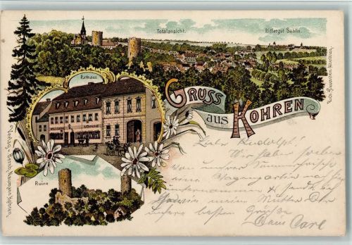 Kohren-Sahlis 1900 Gruss aus - Ruine, Rathaus AK