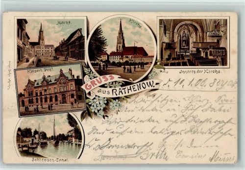 Rathenow 1900 Markt Kirche Inneres der Kirche Kaiserl. Post Schleusen Kanal Bahnpost Zug 203