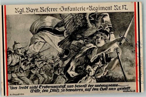 1914 Bayr. Reserve Infanterie Regiment Nr. 17 Germania voran mit der Kriegsfahne