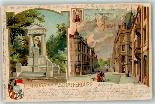 Aschaffenburg 1900 Monumentalbrunnen Luitpoldstraße Wappen Lithographie