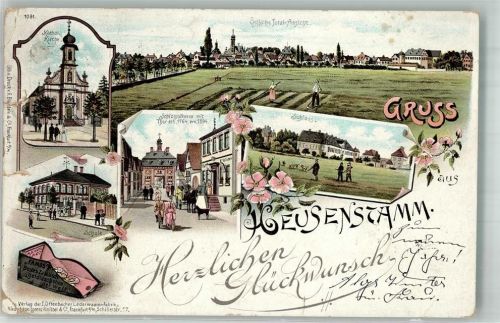 Heusenstamm Kath. Kirche Schloss Schlossstrasse Lithographie Büge und Einriß