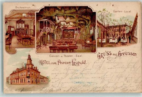 Greußen 1903 Hotel Zum Prinzen Leopold Orchestrion Konzert- und Theater-Saal Garten-Lokal Lithographie Hüttenstempel Bahnpost Nordhausen - Erfurt Zug 502