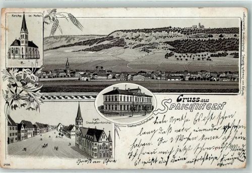 Spaichingen 1902 Kirche in Hofen Kath. Stadtpfarrkirche Städt. Schulhaus Lithographie
