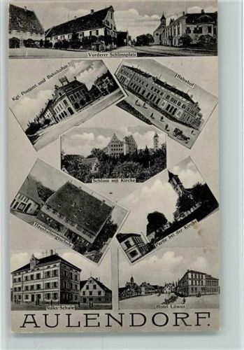 Aulendorf 1908 Hotel Löwen, Haushaltschule, Bahnhof , Postamt AK