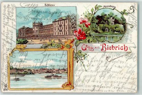 Biebrich 1903 Schloss Moosburg Raddampfer Gruss Blumen