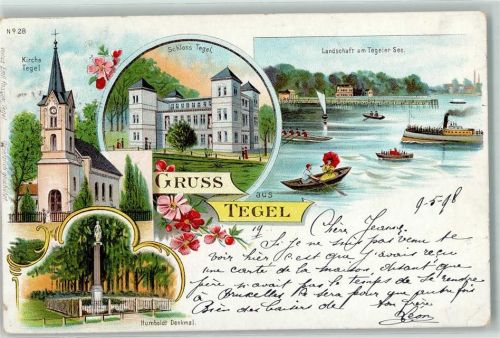 Tegel 1898 Kirche Schloss Tegeler See Ruderboote Dampfer Humboldt-Denkmal
