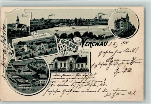 Nerchau 1900 Gruss aus - Beamtenschule, Schützenhaus, Villa Hessel , Farbenfabrik