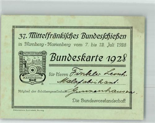 Nürnberg Bundeskarte 1928 für Mitglieder Marienberg