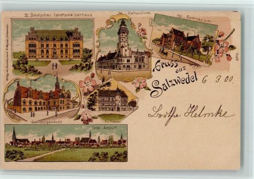 Salzwedel 1900 Gruss aus - Reichswaisenhaus, Gericht, Rathaus, Gymnasium , gute Erhaltung AK